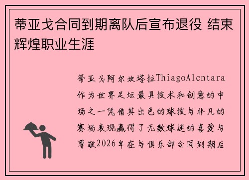 蒂亚戈合同到期离队后宣布退役 结束辉煌职业生涯