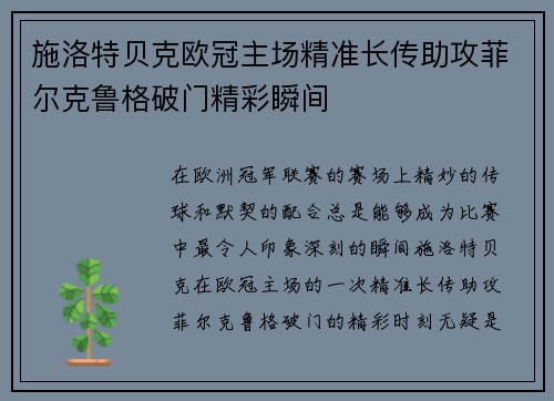 施洛特贝克欧冠主场精准长传助攻菲尔克鲁格破门精彩瞬间